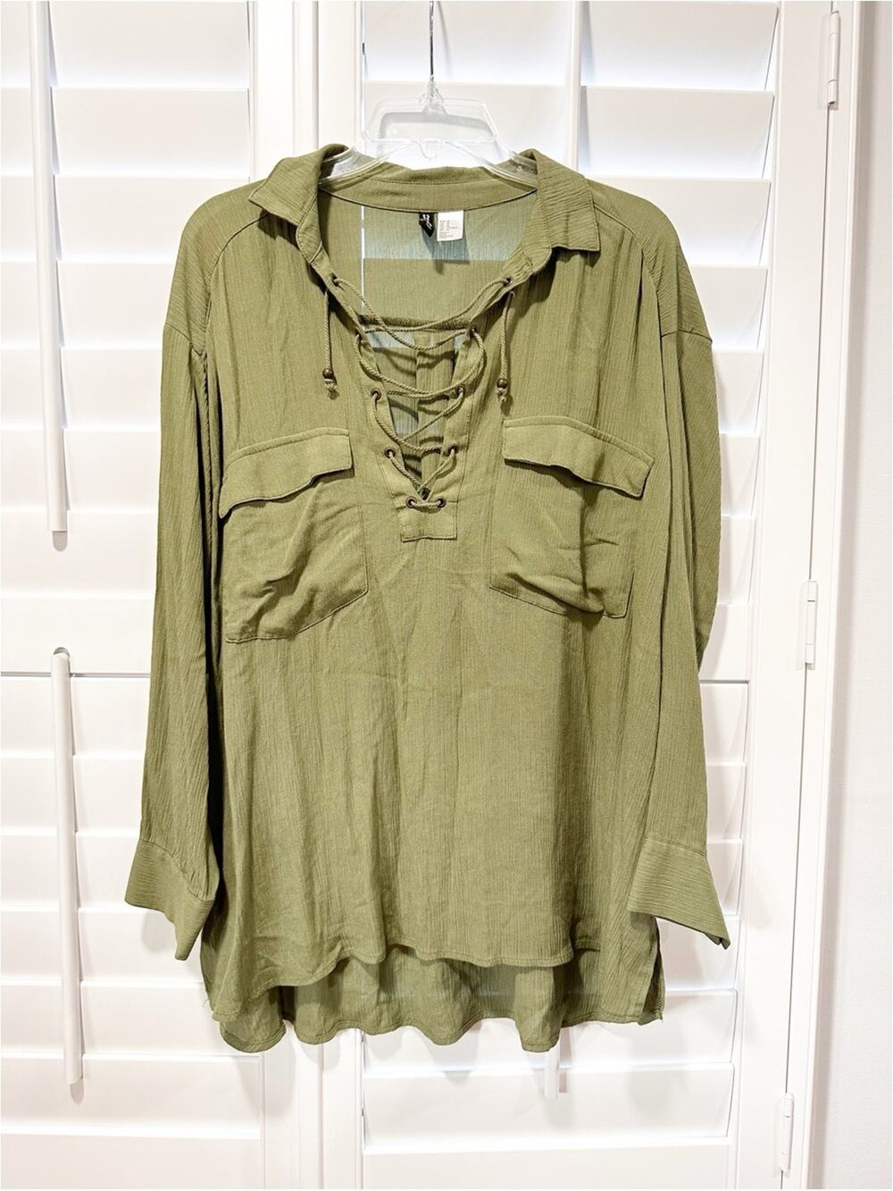 H&M Divided Olive Green Lace-Up Tunic Blouse US 14 Boho Long Sleeve Oversized